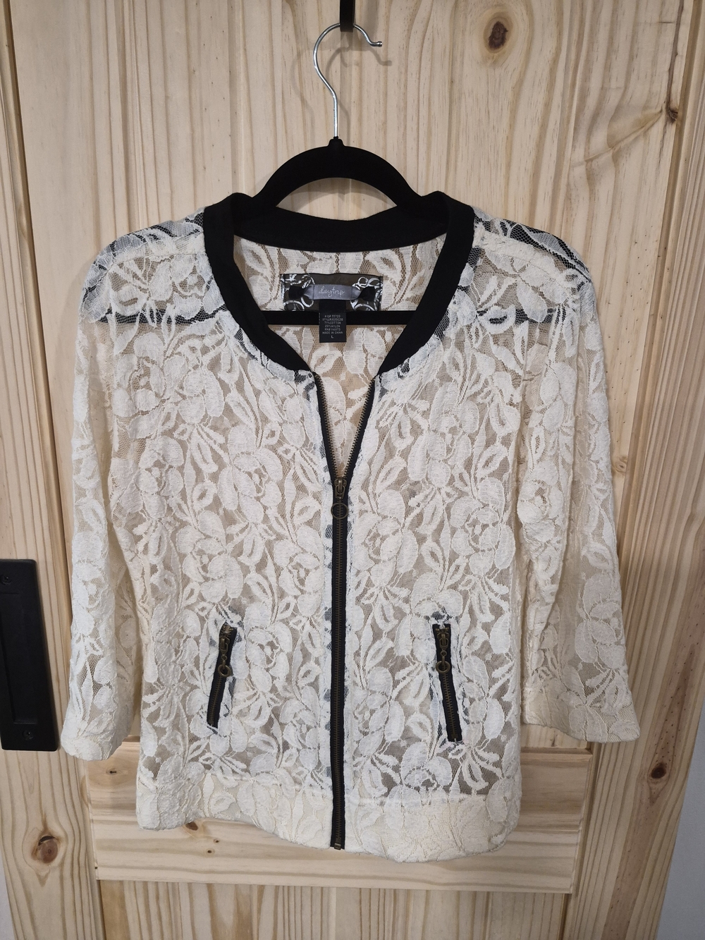 Daytrip Cream Lace Bomber Jacket with Black Trim
